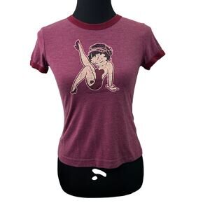 Betty Boop T Shirt S Doe Mighty Fine Mauve Burgundy Graphic Ringer Tee